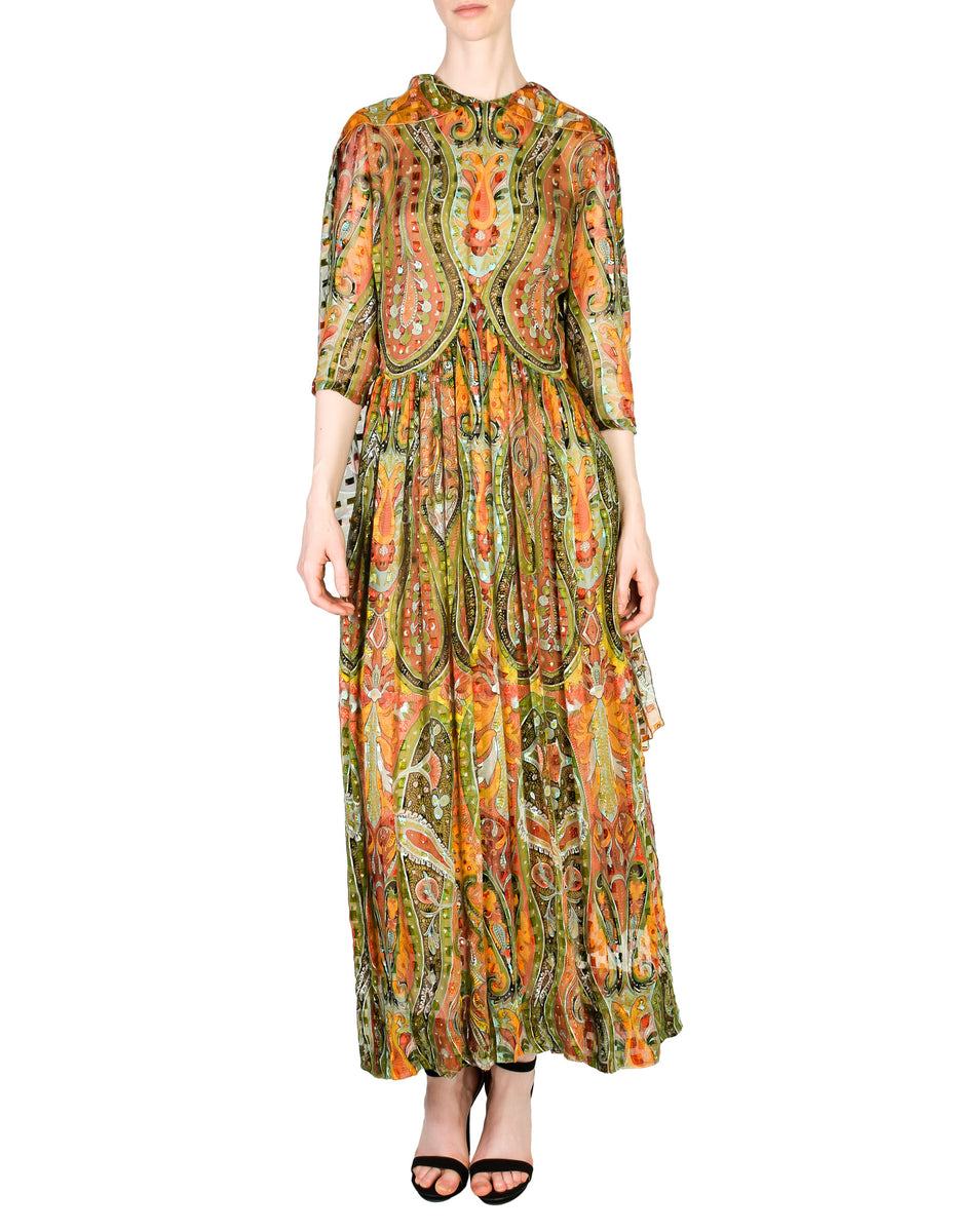 Pauline Trigere Vintage Sheer Patterned Silk Chiffon Jacquard Dress ...