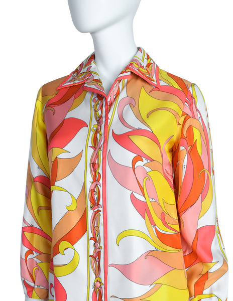 Pucci Vintage 1970s Vivid Orange Pink Yellow Floral Graphic Silk Collared Shirt