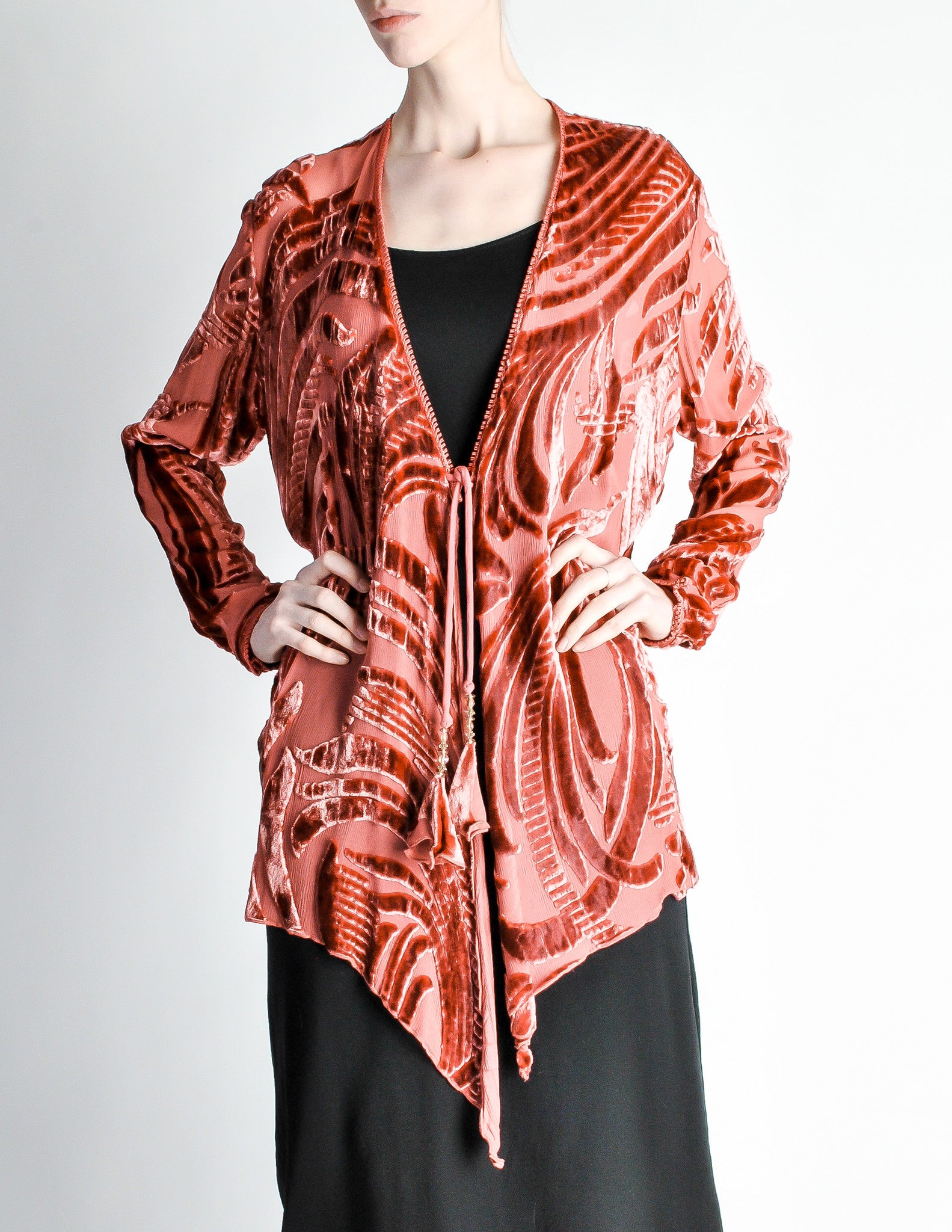 Vintage Rose Pink Silk Velvet Burnout Kimono Cardigan - from Amarcord