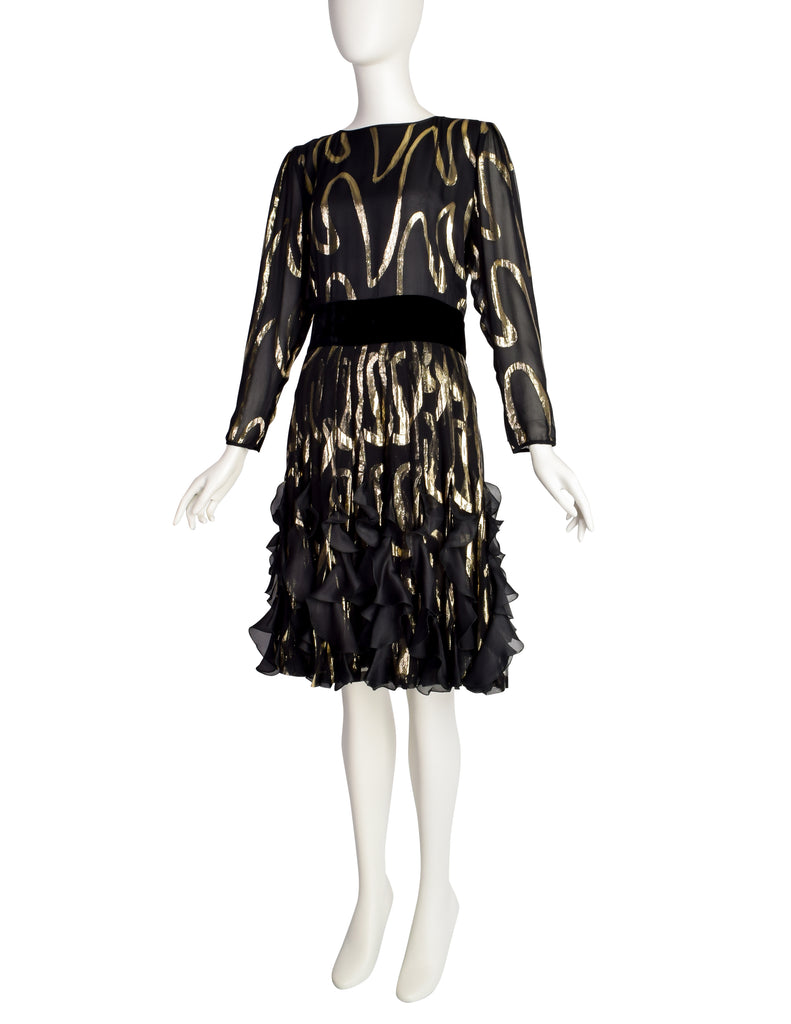 Valentino Vintage Black Silk Chiffon and Gold Lurex Flutter Ruffle Par ...