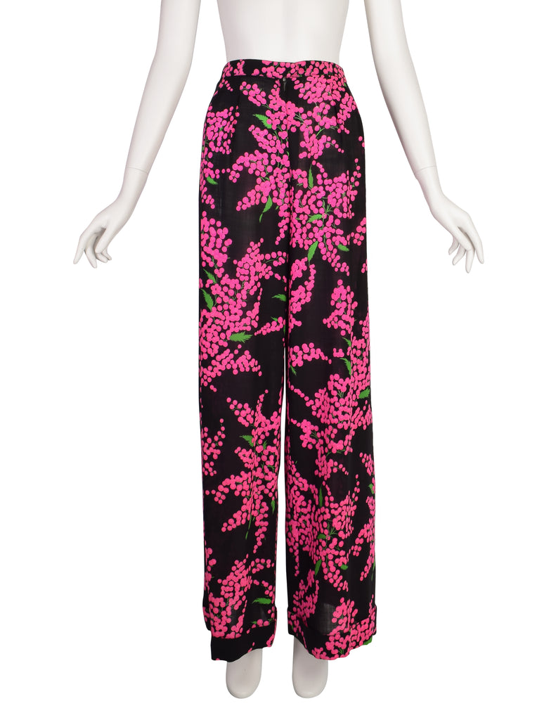 Yves Saint Laurent Vintage 1970s Black Pink Floral Wool Crepe High Wai ...