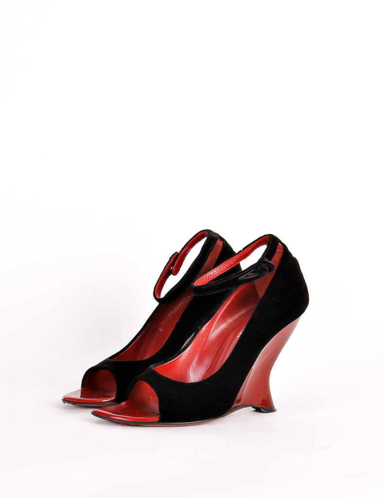 Yves Saint Laurent Vintage Black Velvet & Red Curved Wedge Heels ...