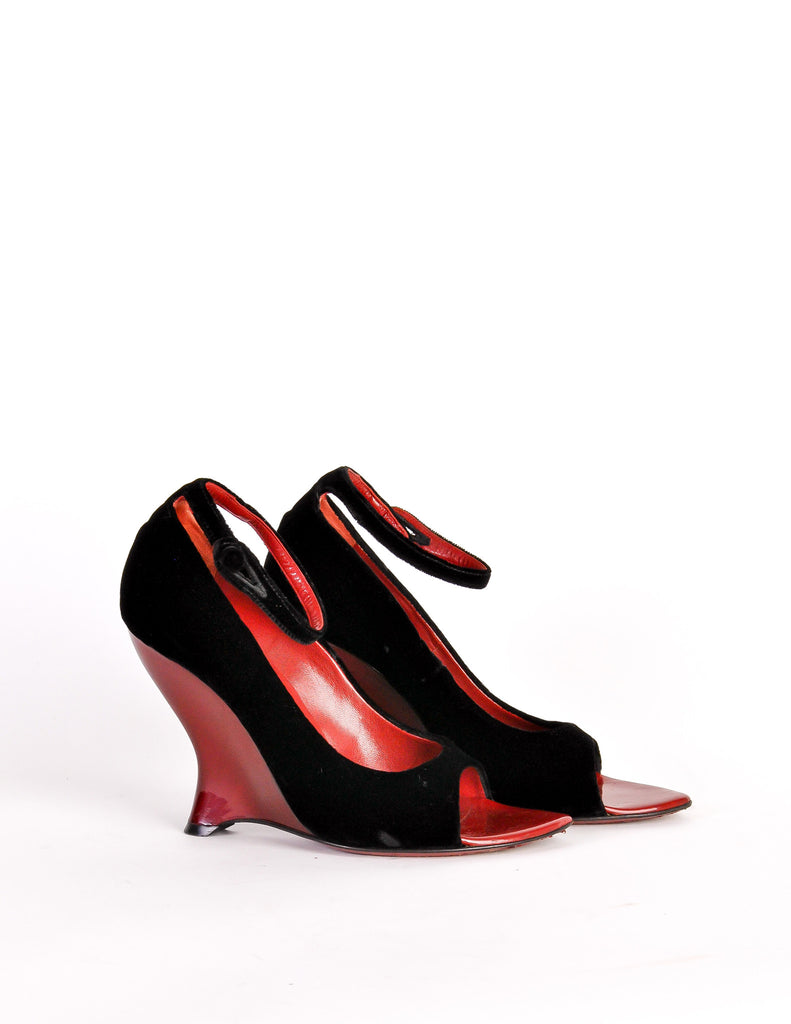 Yves Saint Laurent Vintage Black Velvet & Red Curved Wedge Heels ...
