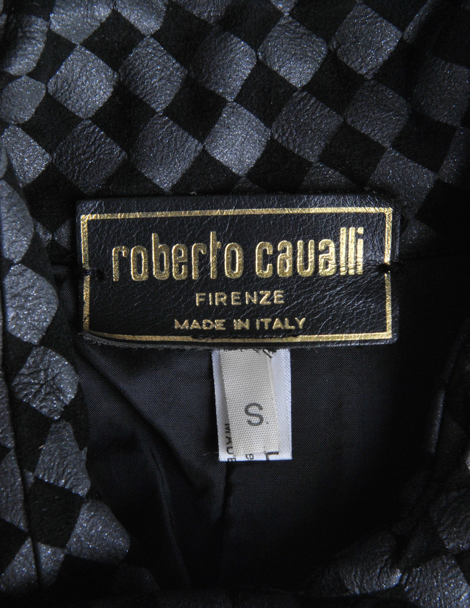 Roberto Cavalli Vintage Black & Grey Geometric Print Leather Jacket ...