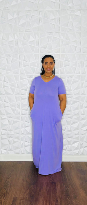 V-Neck Short Sleeve Maxi w/ Pockets (Lavender) - Mark'd Fashion