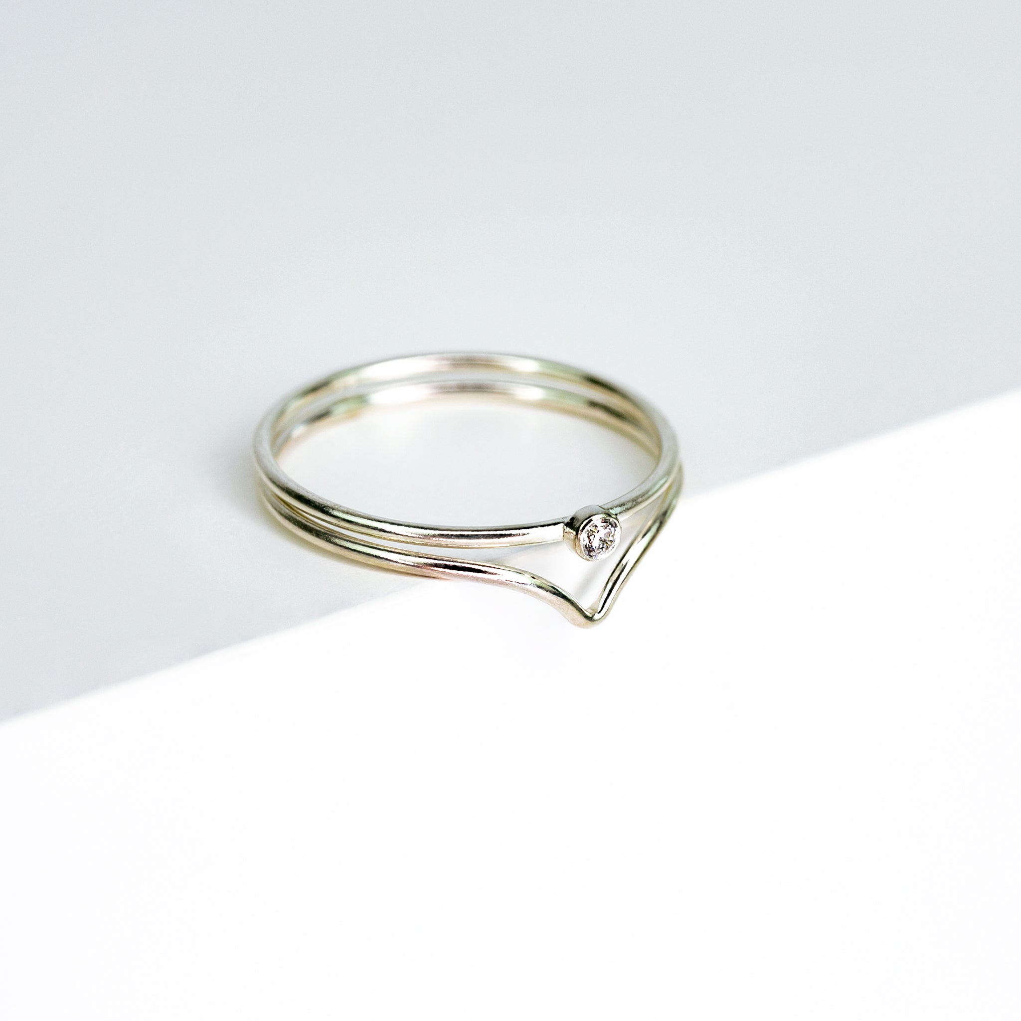 Chevron + Dainty Clear Gem Stacking Ring - Set of 2 - Sterling Silver