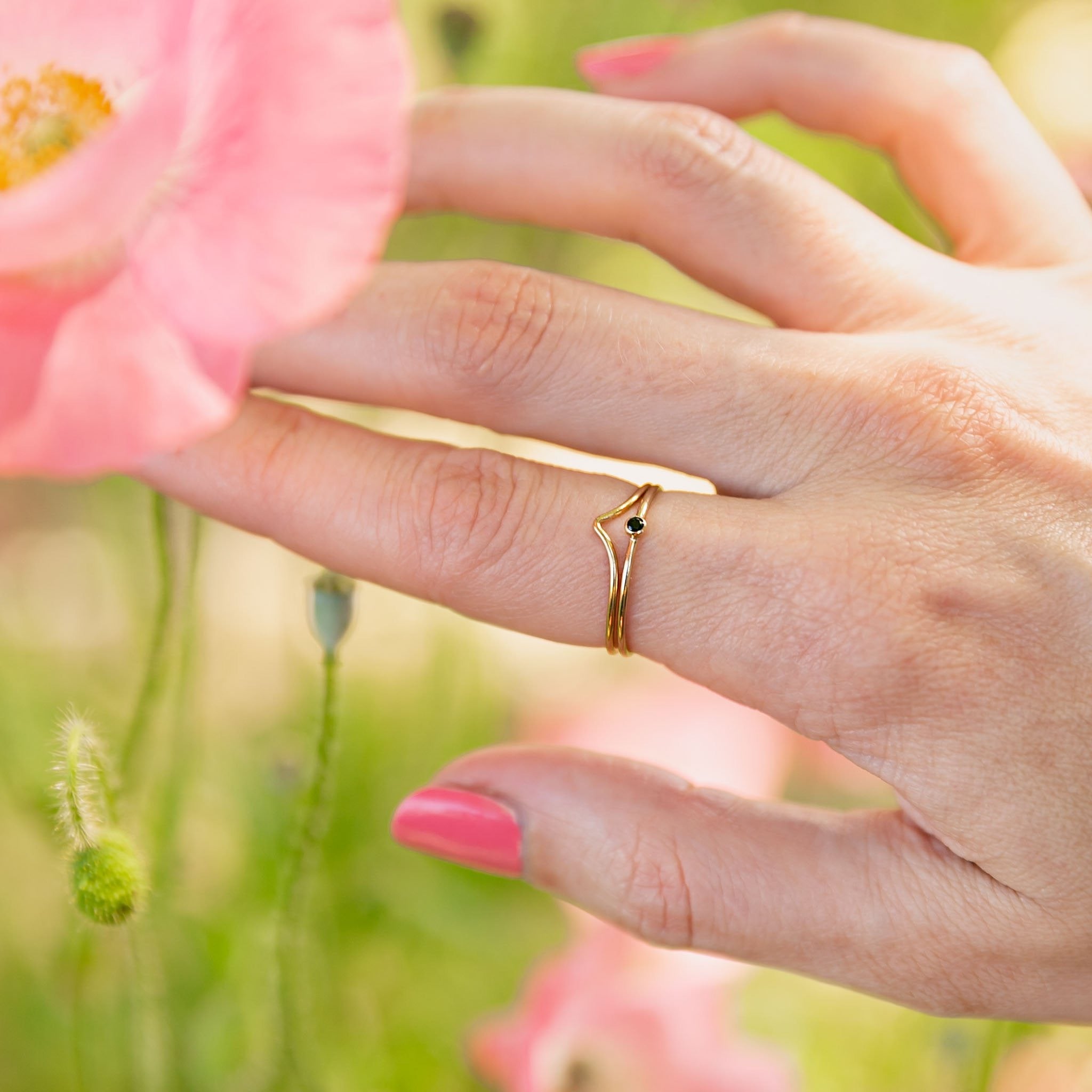 Chevron + Dainty Black Gem Stacking Ring - Set of 2 - 14k Gold Fill