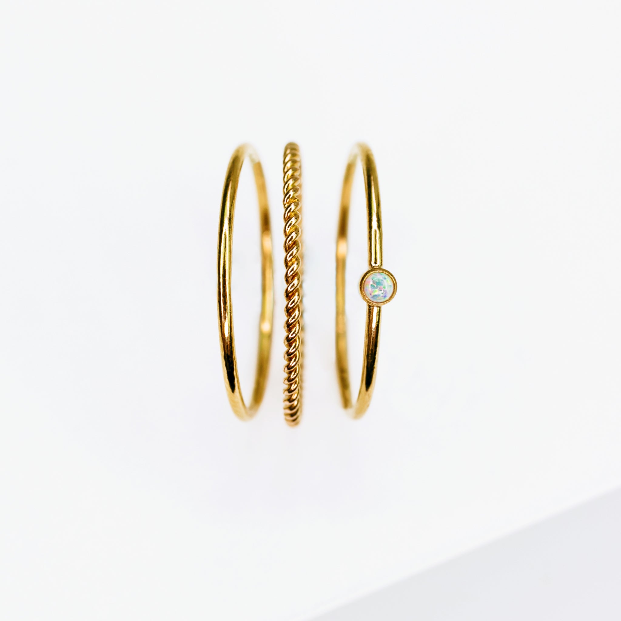 Opal + Textured Rings Stack - Set of 3 - 14k Gold Fill