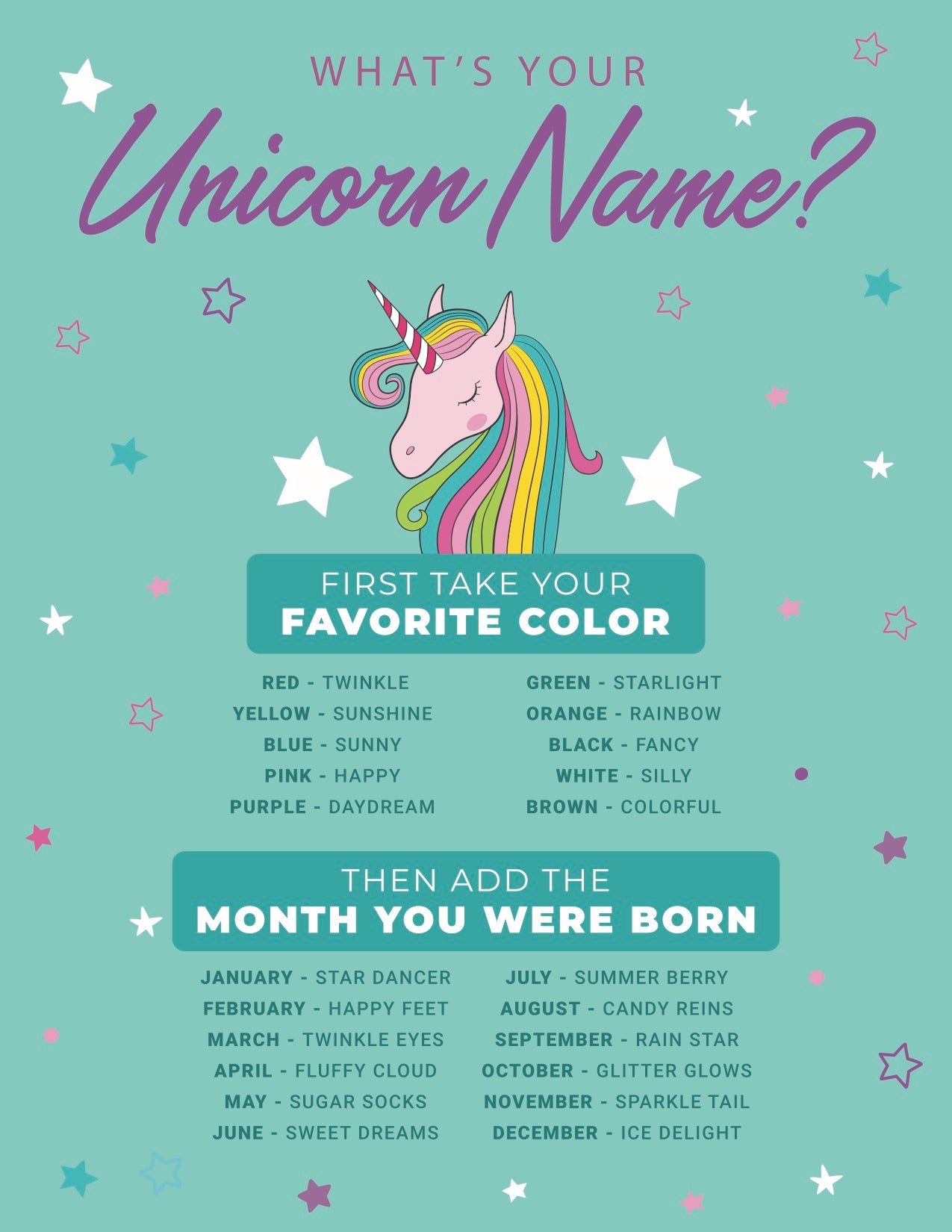 Teal 'What's Your Unicorn Name?' Free Printable – Pop Fizz Designs