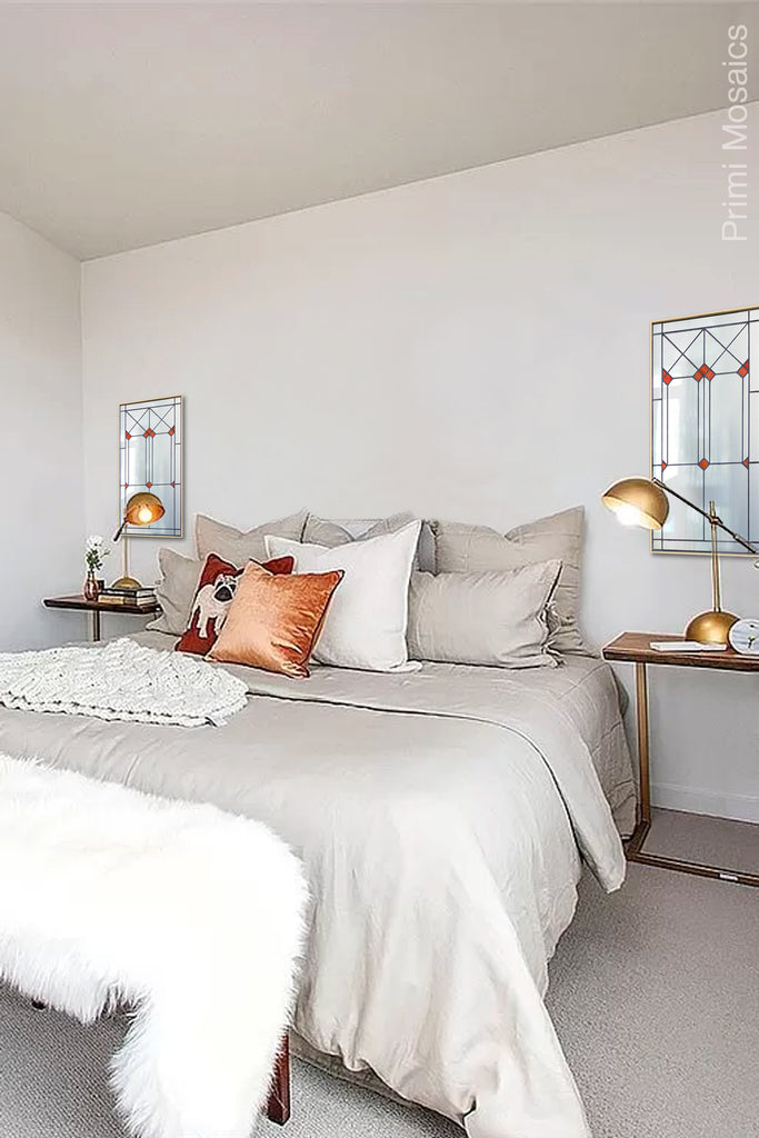 Small mirror above bedside tables flanking the bed.