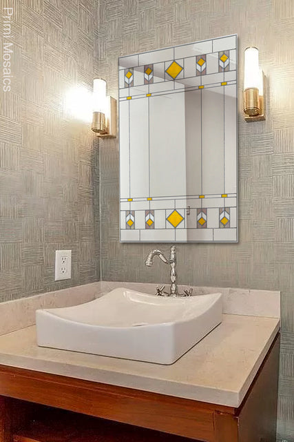Art Deco mirror above sink in powder room