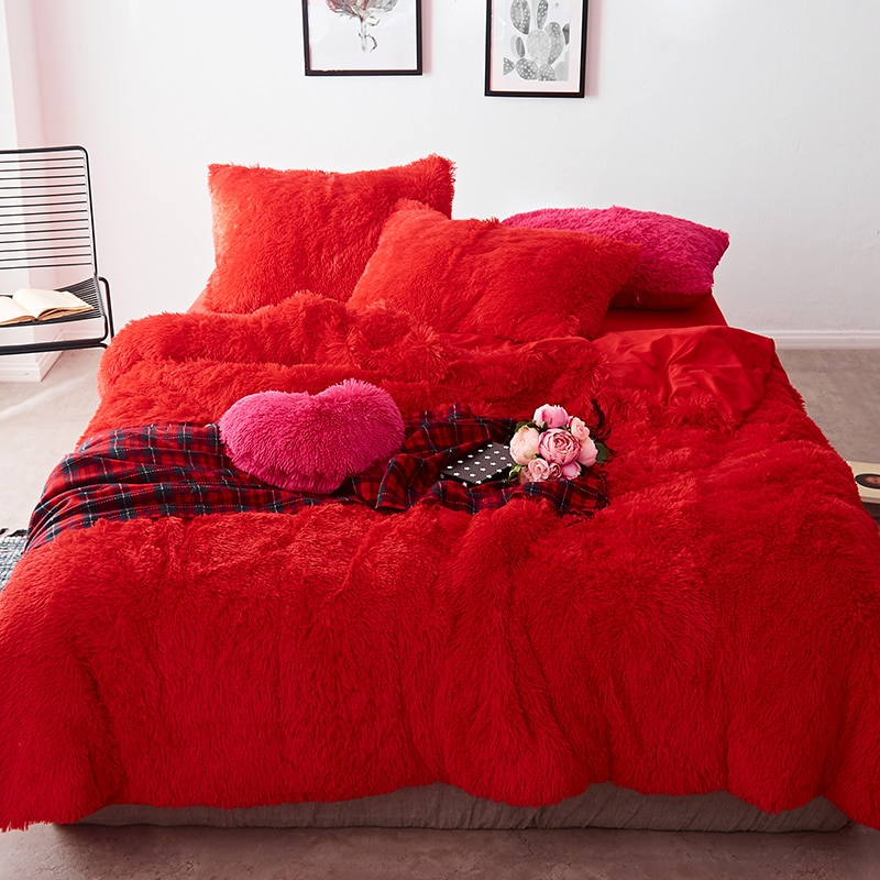 Red Flame Coral Velvet Duvet Cover Bed Sheet Pillow Case
