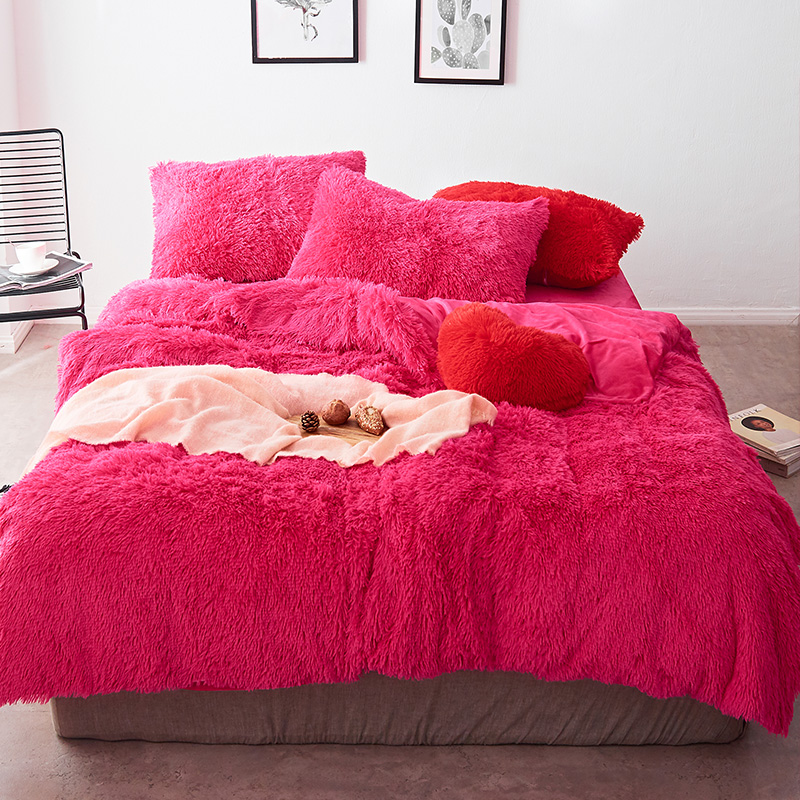 Fuchsia Coral Velvet Duvet Cover Bed Sheet Pillow Case