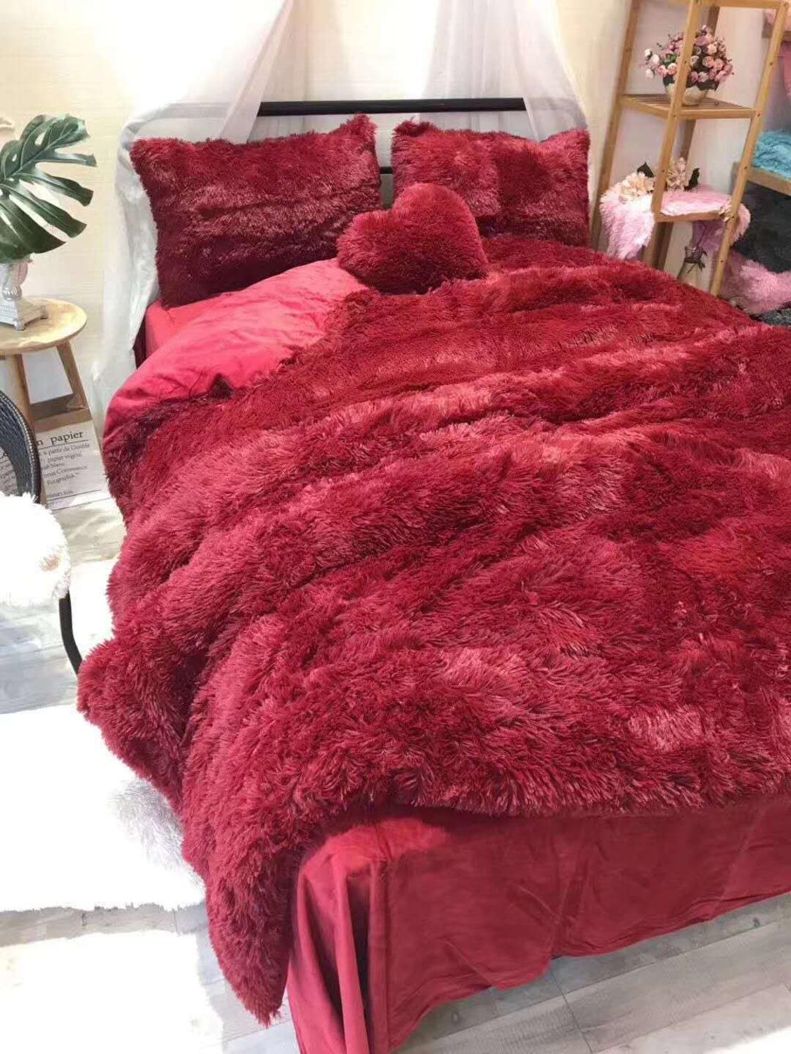Red Coral Velvet Duvet Cover Bed Sheet Pillow Case Ditwoon