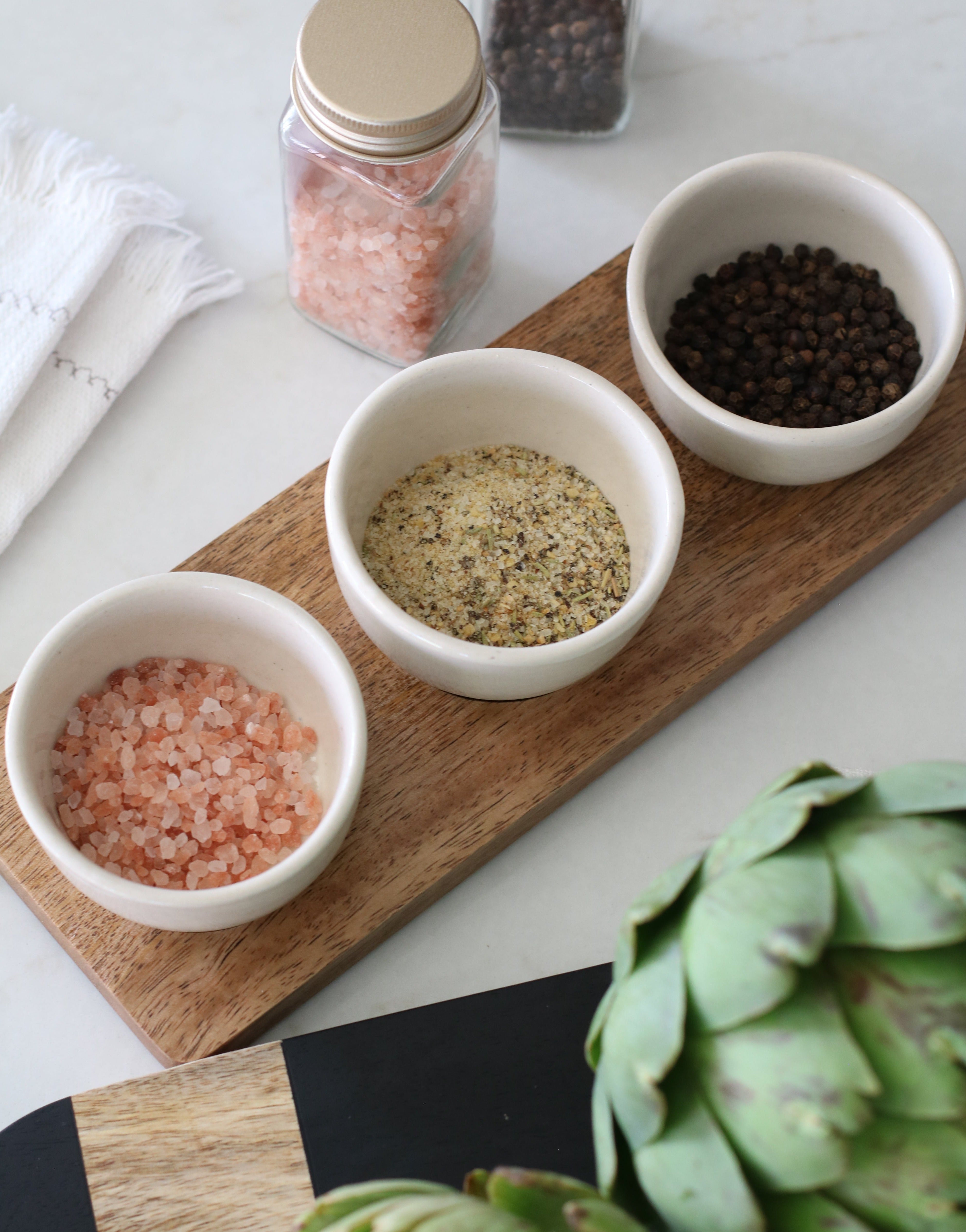 Image of Wood + Stoneware Dip Bowls Serving Set