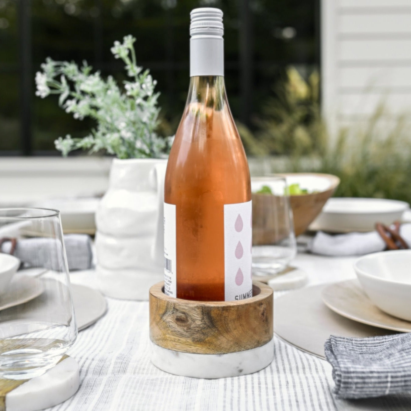 Image of Wood + White Marble Wine Coaster