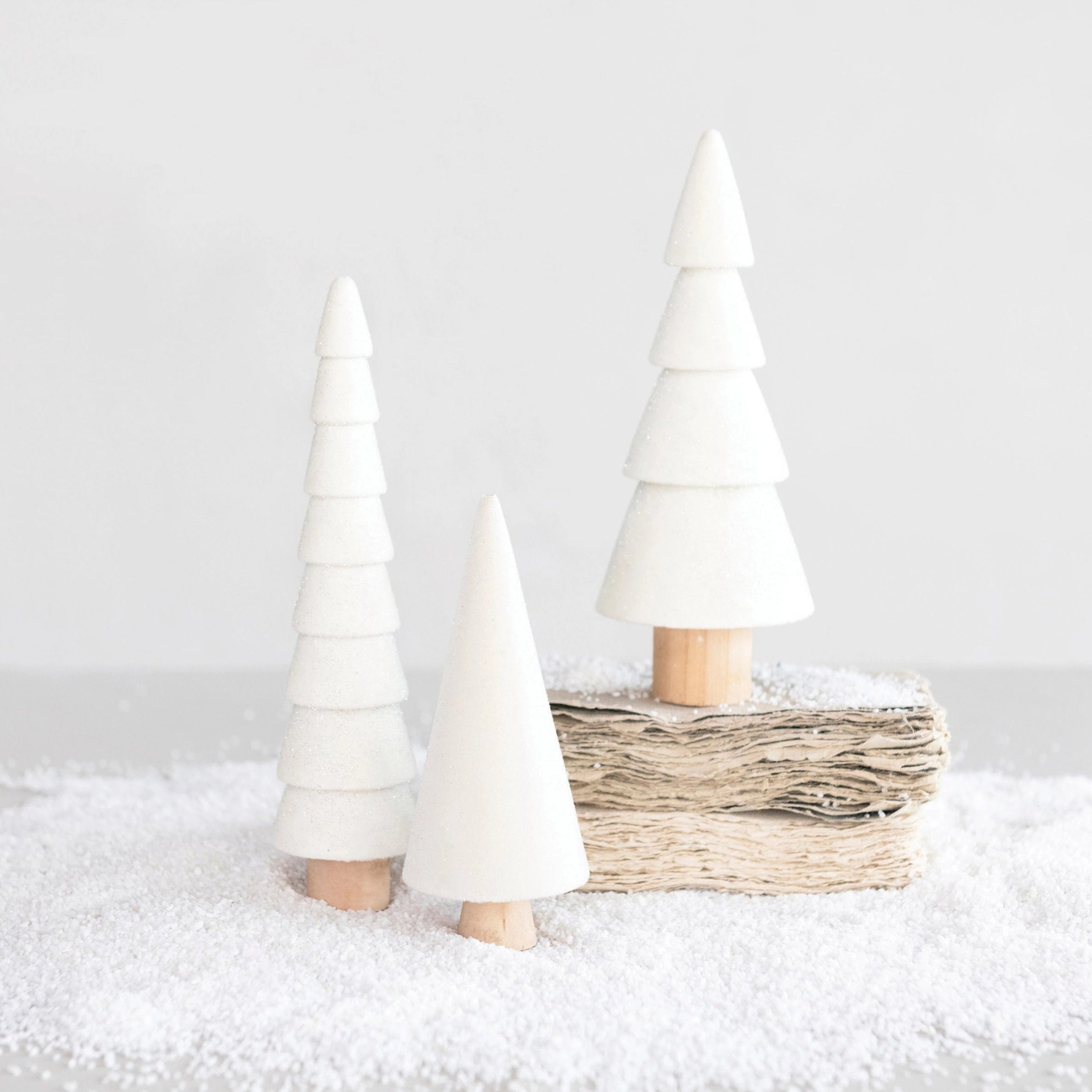 Image of White Wood Glitter Trees, Set of 3