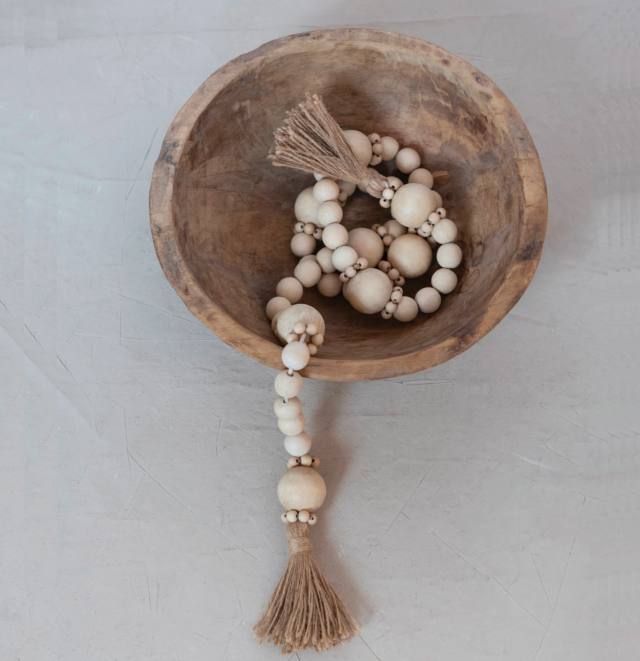 Wood Bead Garland with Jute Tassels