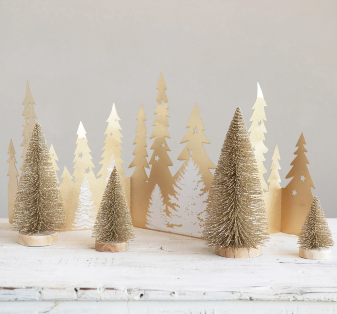 Image of Gold Shimmer Bottle Brush Trees, Set of 4