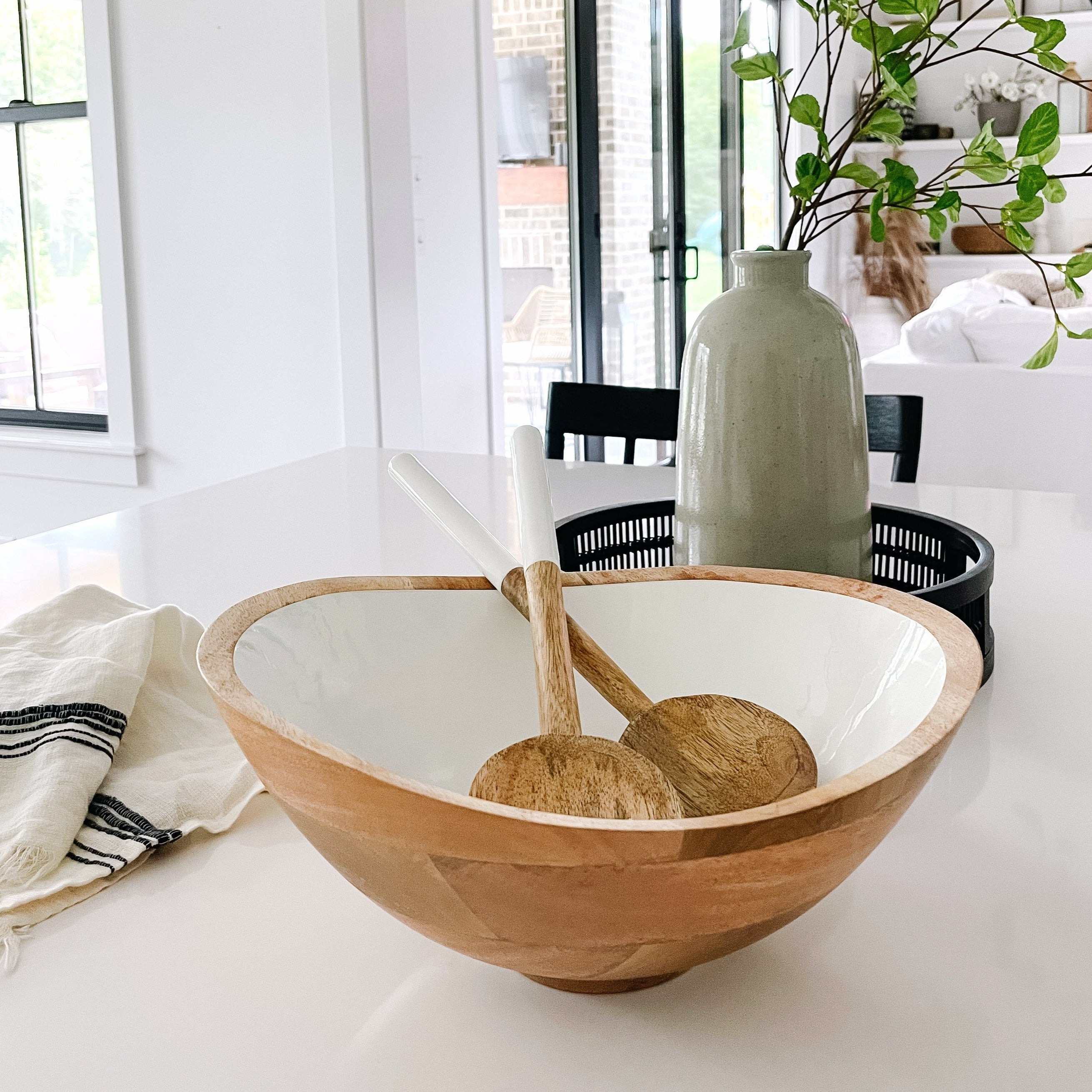 Mango Wood & White Enamel Bowl in Extra Large