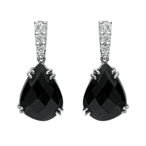 18ct White Gold Whitby Jet 0.19ct Diamond Faceted Pear Drop Earrings