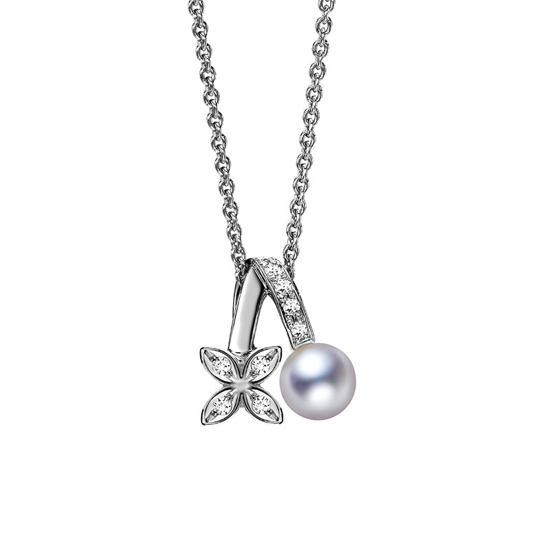 Mikimoto 18ct White Gold Diamond White Akoya Pearl Flower Necklace