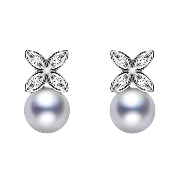 Mikimoto Star 18ct White Gold Diamond 5.75mm White Akoya Pearl Flower Earrings