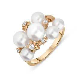 Mikimoto 18ct Rose Gold Diamond White Akoya Pearl Stars Ring