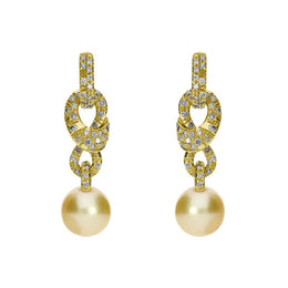 Mikimoto 18ct Yellow Gold Diamond Golden South Sea Pearl Drop Earrings