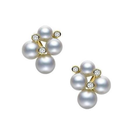 Mikimoto 18ct Yellow Gold Diamond White Akoya Pearl Bubble Stud Earrings
