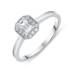 Platinum 0.46ct Diamond Emerald Cut Halo Ring
