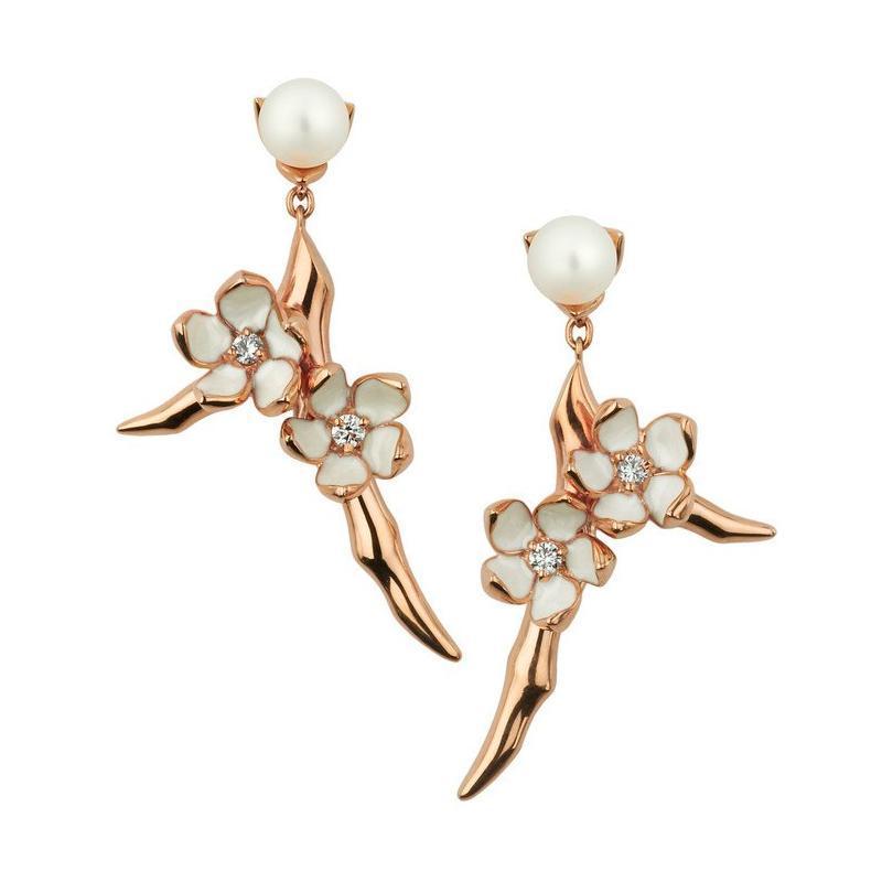 Shaun Leane Cherry Blossom Rose Gold Vermeil Diamond Pearl Small Branch Drop Earrings