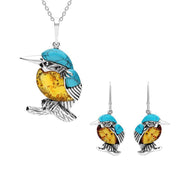 STERLING SILVER AMBER TURQUOISE KINGFISHER TWO PIECE SET