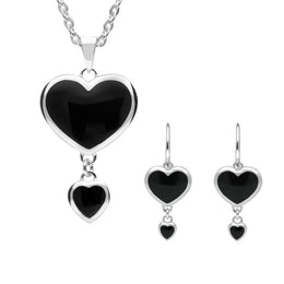 Sterling Silver Whitby Jet Double Heart Drop Two Piece Set