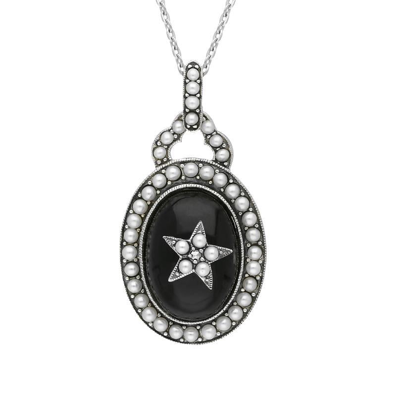 Sterling Silver Whitby Jet Pearl Framed Large Oval Flower Necklace 