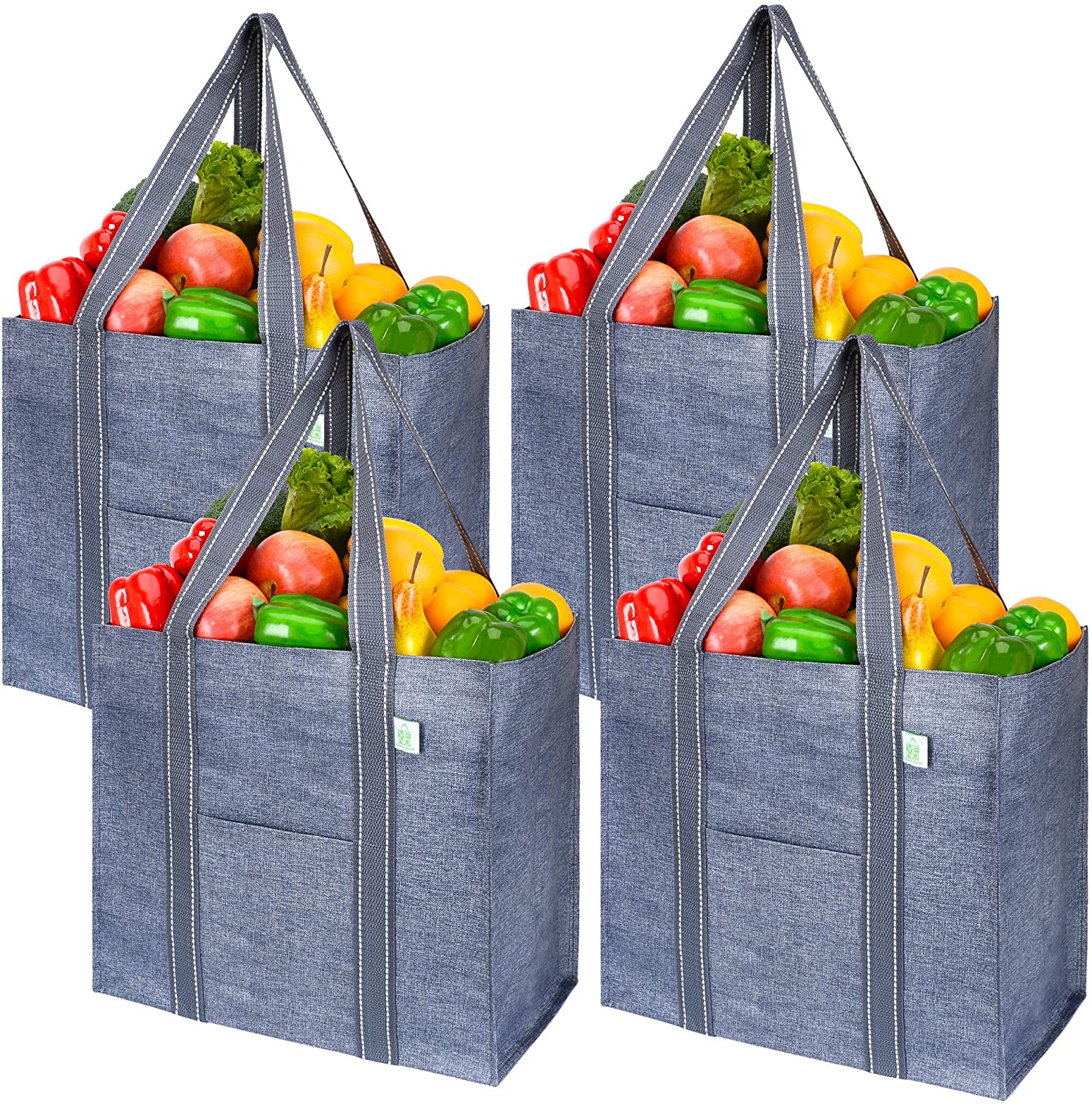 Set of 3 Reusable Grocery Bags,Large Foldable Heavy Duty Bag, Shopping Tote  Produce Bag with Reinforced Handles & Thick Plastic Support Bottom, Black