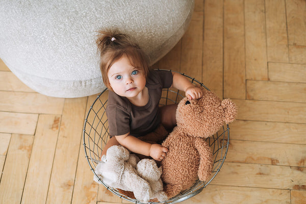 Baby girl in her basket with teddies