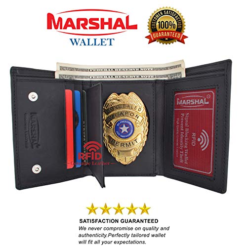 Genuine Leather RFID Blocking Police Badge Holder Trifold Wallet Black with Snap Closure