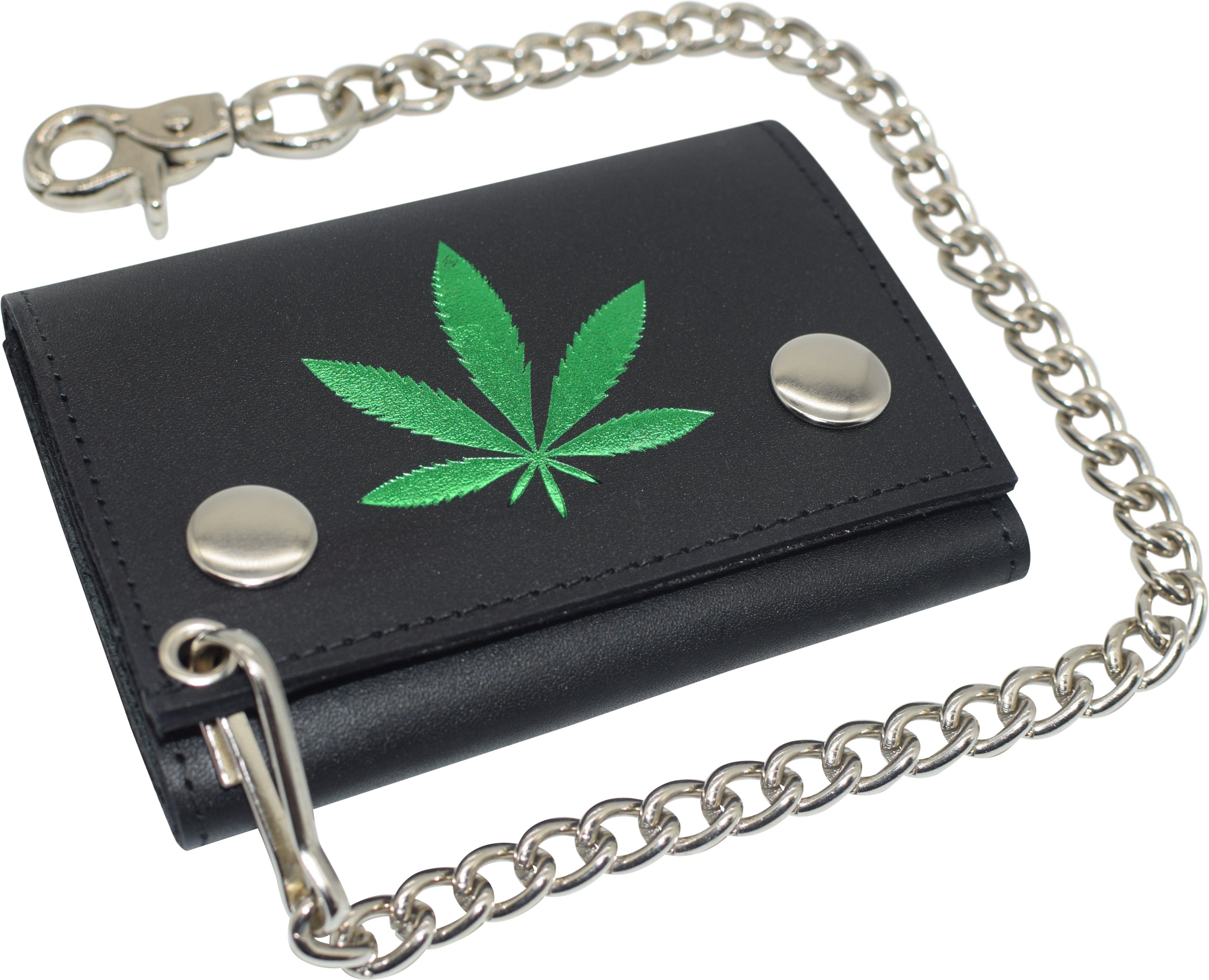 Marijuana Leaf Men's Tri-fold Biker Cowhide Leather RFID Blo