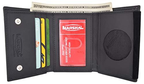RFID Blocking Genuine Leather Trifold Round Badge Holder Wallet Black with Snap Closure