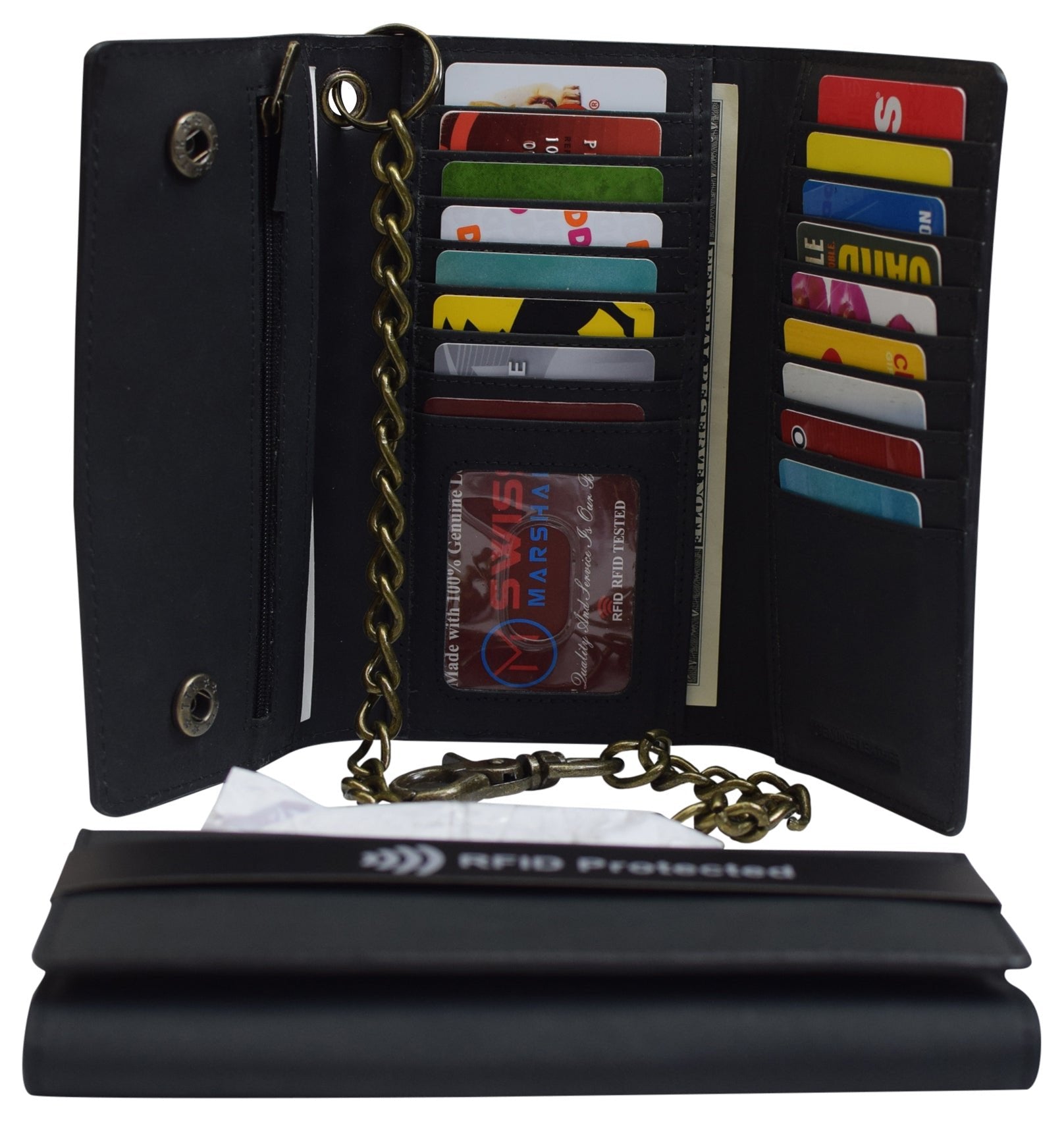 RFID Blocking Mens Tri-fold Long Style Krazy Horse Leather Steel Chain Wallet