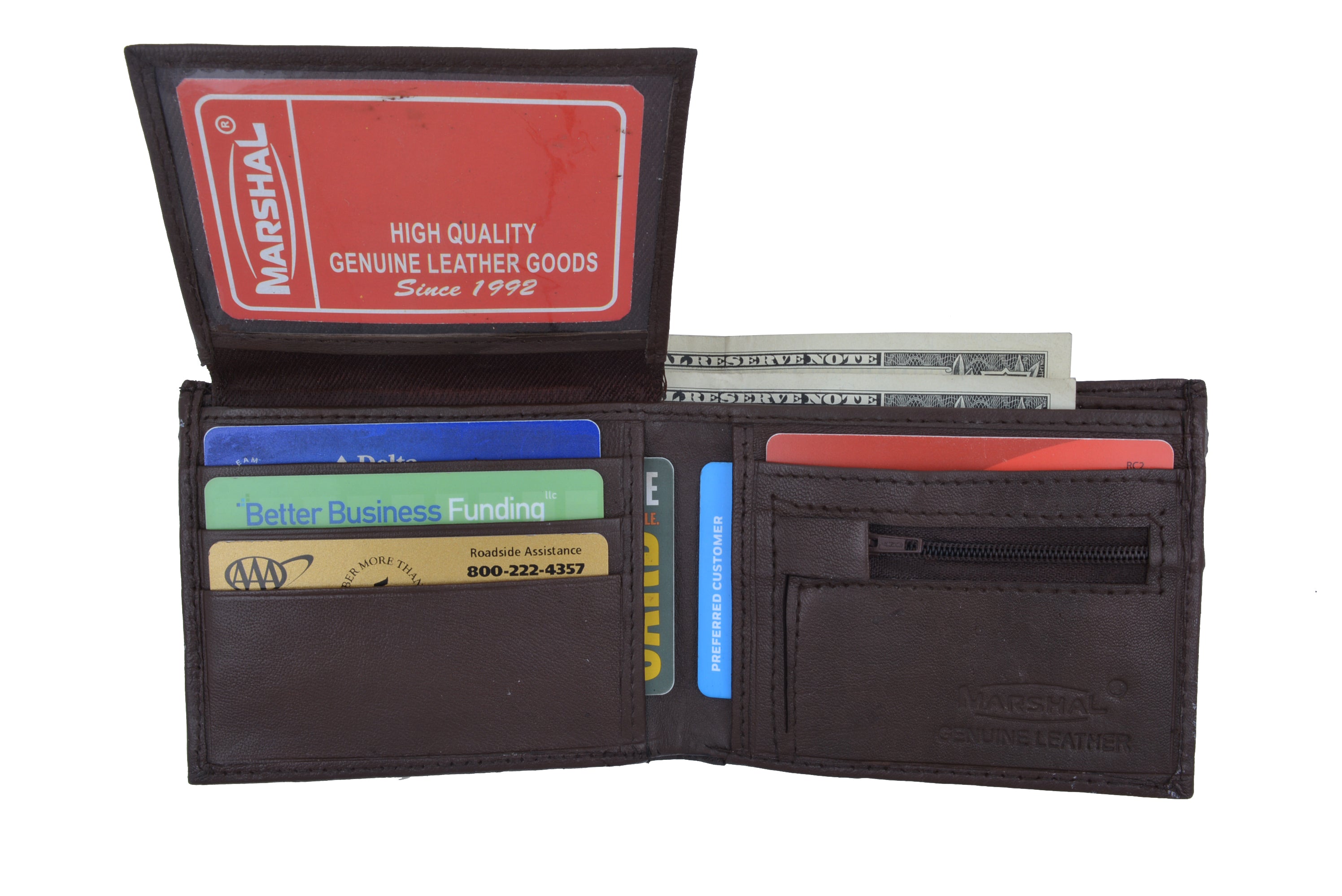 Zippered Change Pocket Leather Bifold Mens Wallet 1653