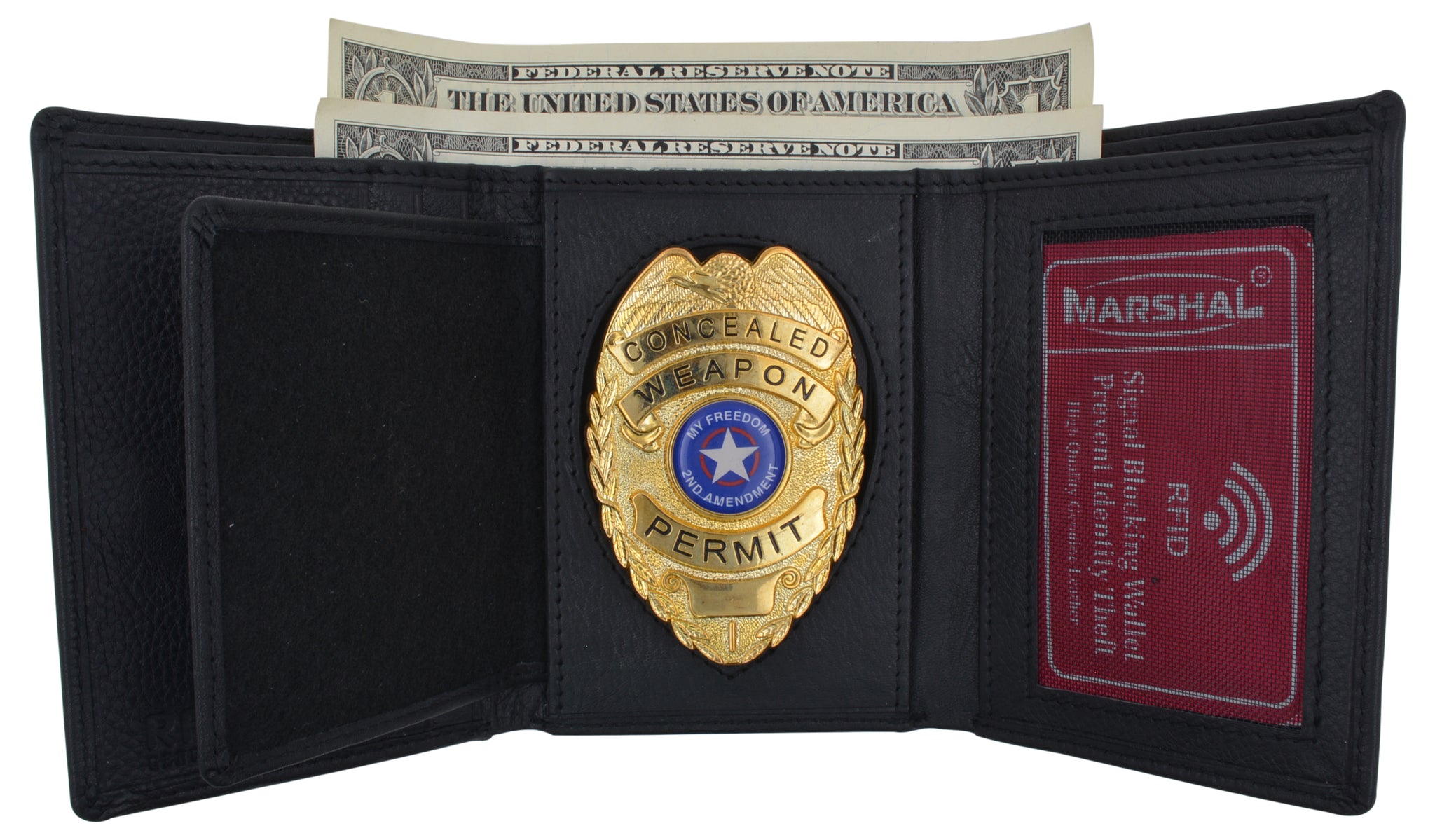 Rfid Blocking Genuine Leather Trifold Badge Holder Wallet Black Police