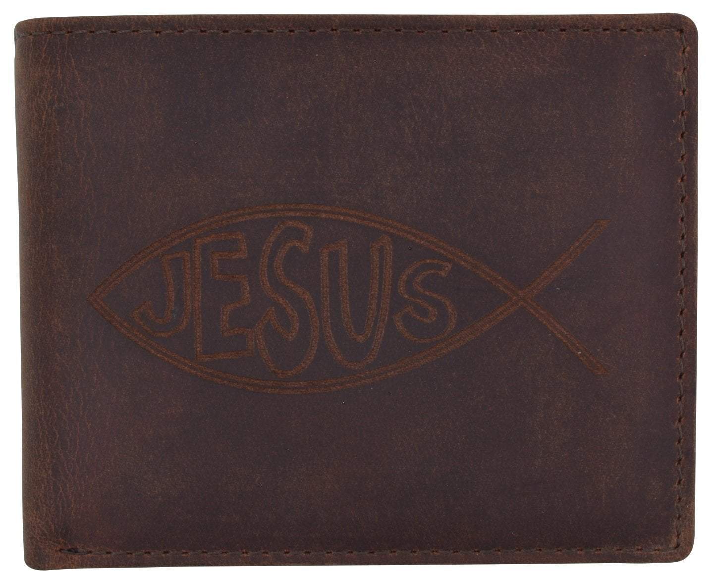 New Men's RFID Jesus Printed Logo Genuine Leather Bifold Wallet 鈥