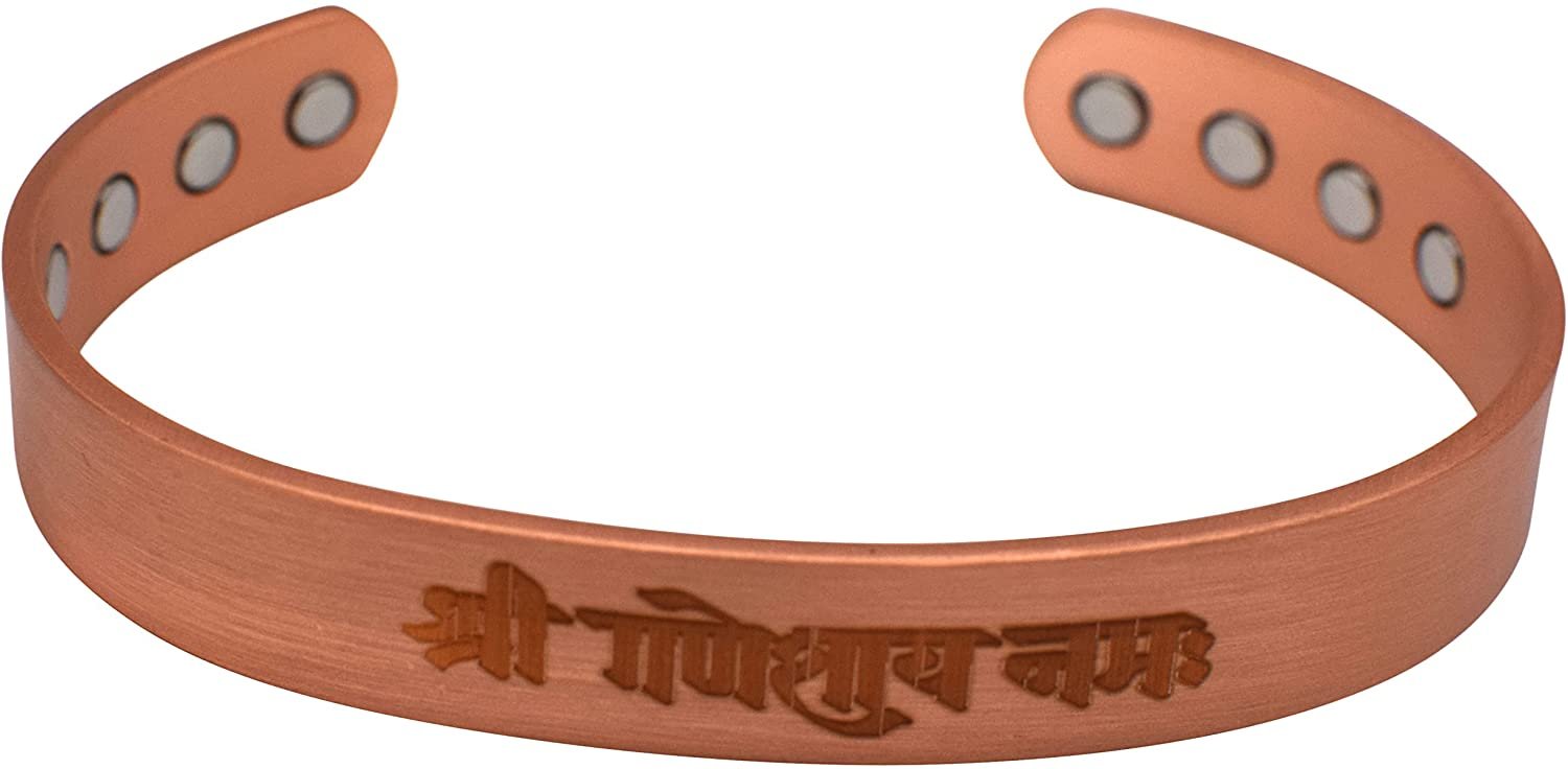 Shri Ganesh Namah Pure Copper Bracelet Adjustable 8 Strong Magnets for Men & Women Gift Bag (12.