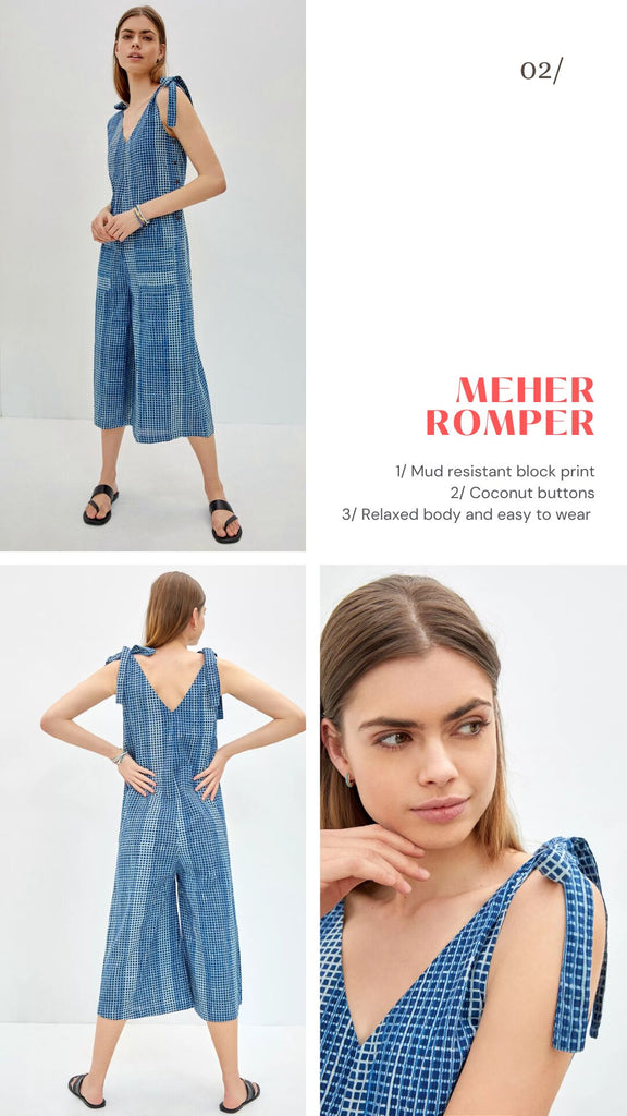 Meher Romper, mud resistant block print, coconut buttons, relaxed body and easy to wear