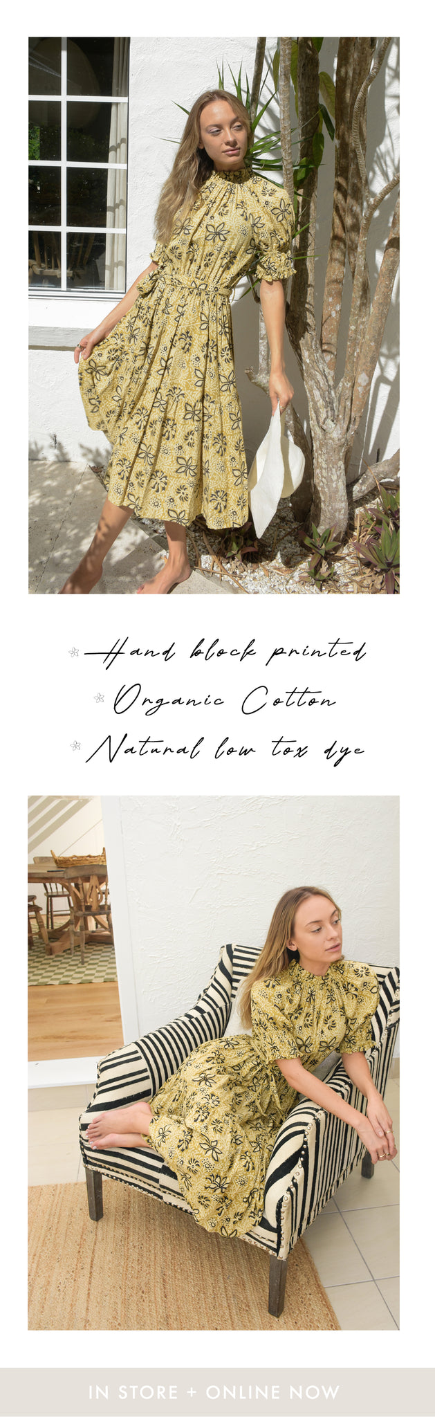 Hand block printed, organic cotton dresses, natural low tox dye, non toxic, womenswear, sustainable fashion, ethical production 