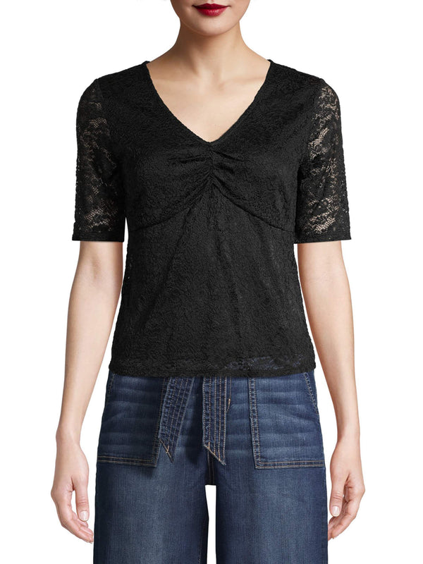 No Boundaries Juniors V-Neck Lace Tee, Sizes XS-3XL 