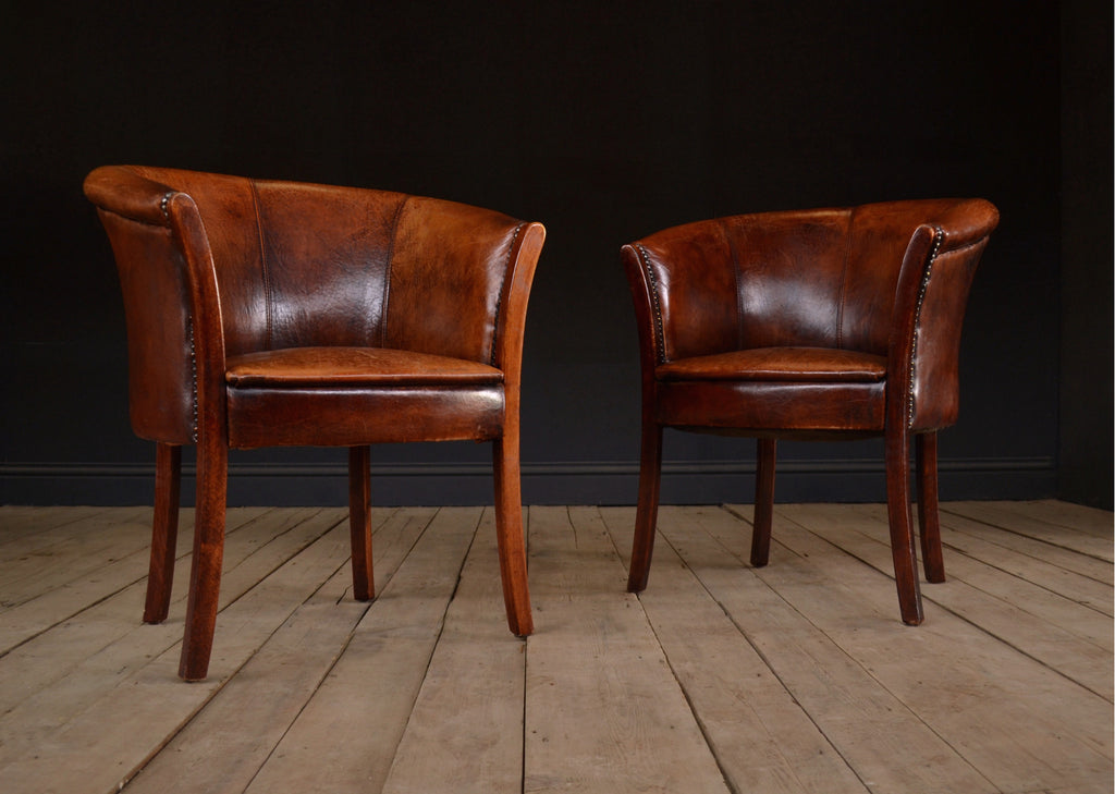 Pair Of Handsome Vintage French Leather Tub Chairs Hunter And Rose