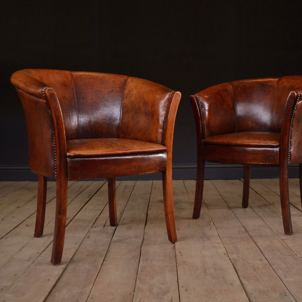 Pair Of Handsome Vintage French Leather Tub Chairs Hunter And Rose